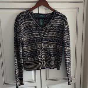 Vintage Ralph Lauren Lambswool Angora Black Cream Knit Vneck Sweater Women’s M